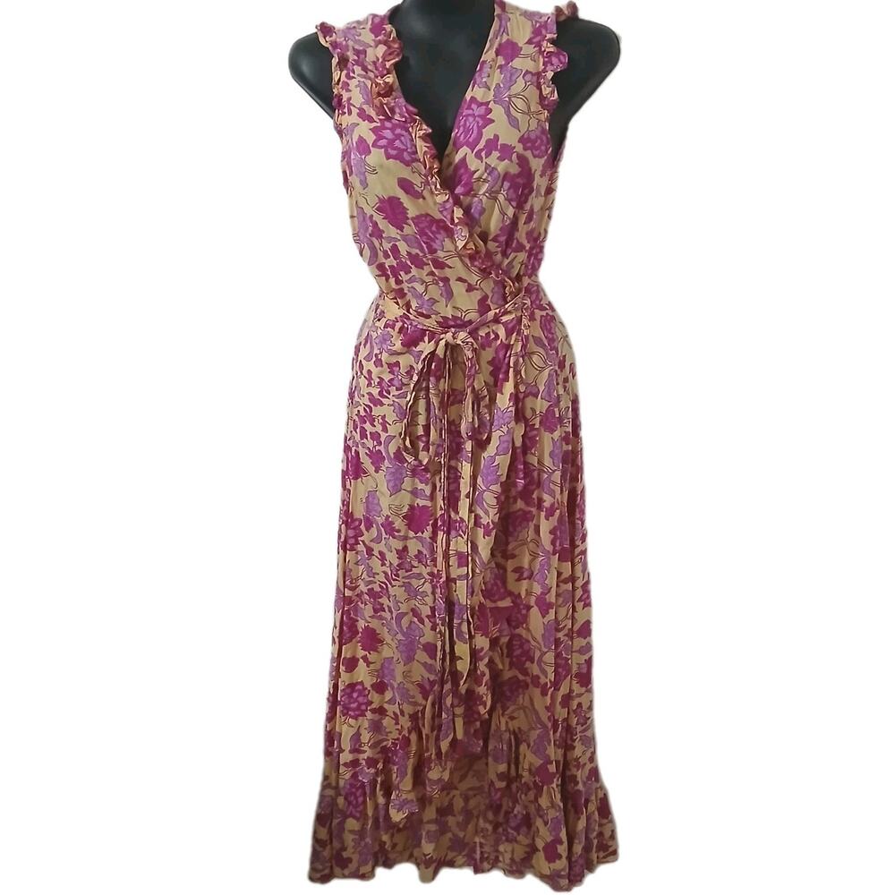 Feather & Find Wrap Maxi Dress‎ M Pink Purple Tie Dye Floral Ruffle Boho Pockets